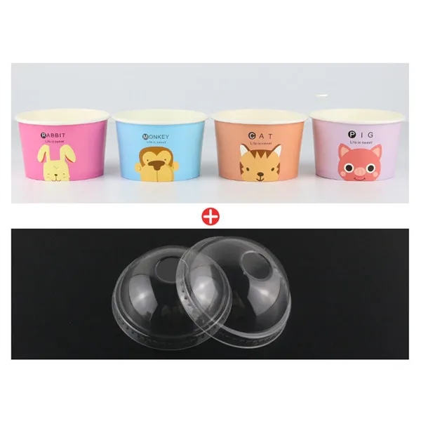 cup and lid 50 шт цветная одноразовая бумажная миска для мороженого с мультяшными животными 130 мл/200 мл круглая чашка для десерта, пирога, йогурта, фруктового пудинга с крышкой - Цвет: cup and lid