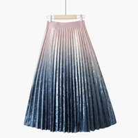 tie dye print velvet womens skirt autumn high waist pleated female midi skirts loose elegant gradient color a line lady bottoms