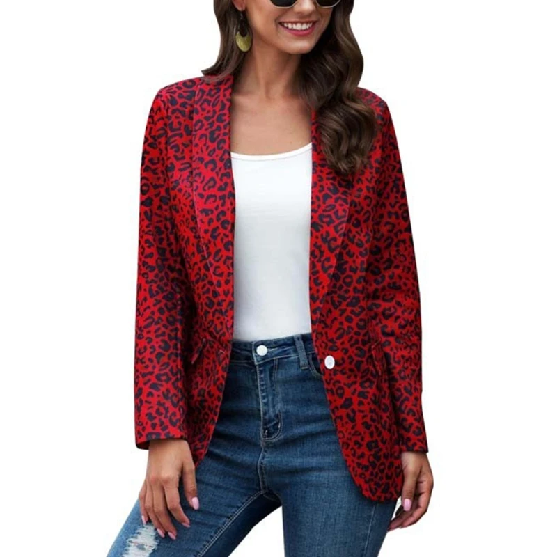 

Women Long Sleeve Lapel Blazer Jacket Retro Leopard One Button Office Lady Coat