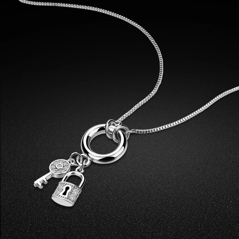 

Simple Women's Sterling Silver Necklace-Minimalist Lock Key Pendant Silver Chain-Real 925 Silver Necklace Fine Jewelry bijoux