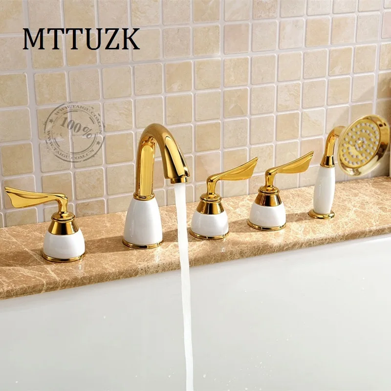 

MTTUZK Античный латунный золотой смеситель для ванны, смеситель для горячей и холодной воды, смеситель для раковины, 3 ручки, 5 отверстий, смеситель для ванны с душем