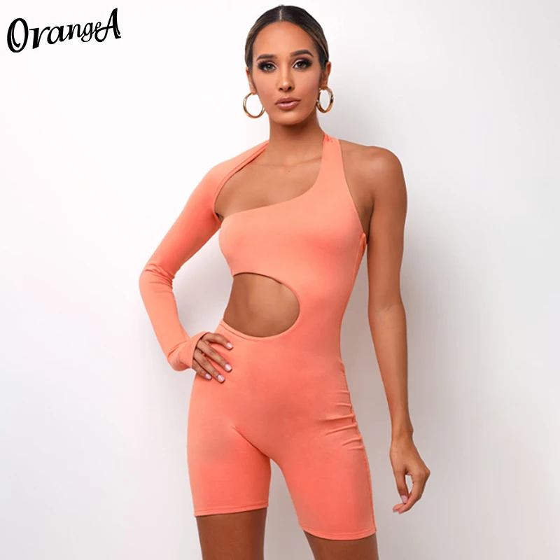 

OrangeA women sexy long sleeve one shoulder hollow out romper activewear stretchy fashion solid asymmetry sporty slim streetwear