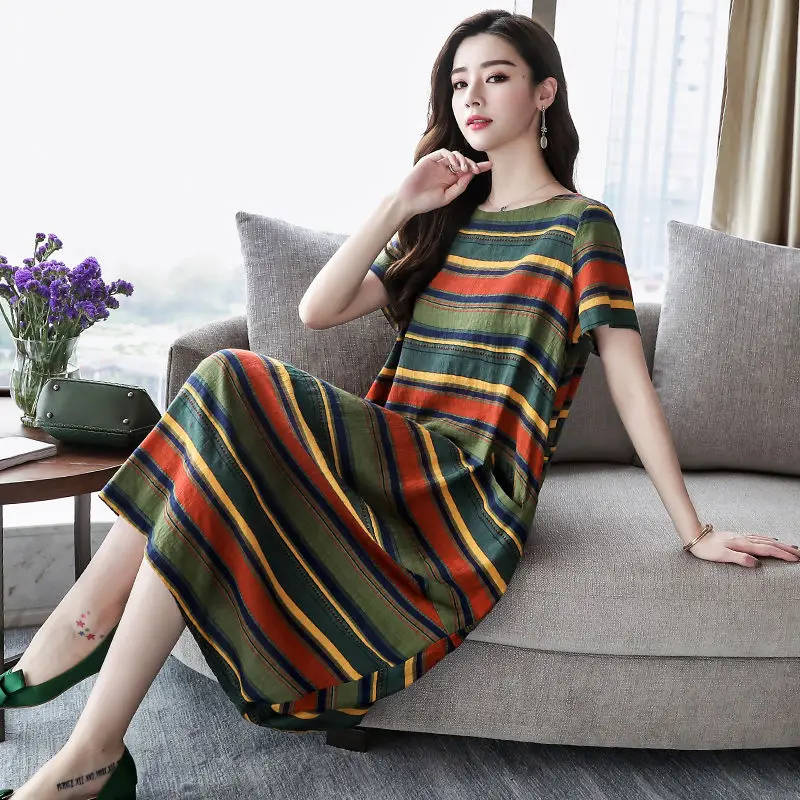 

Summer Fashion Long Dresses for Women Vintage Stripe Women's Clothing Casual Bohemian Beach High Waist Print Dress Robe X87