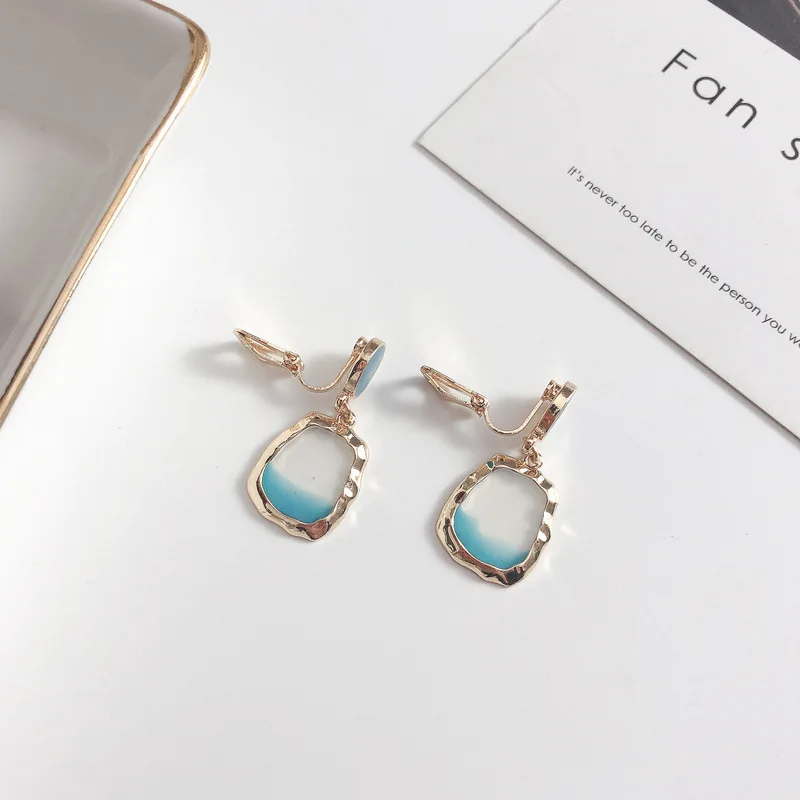 Korean temperament Small Gold Color Frame Gradient Blue Resin Transparent Square Clip on Earrings Non Pierced Ears For Women | Украшения и