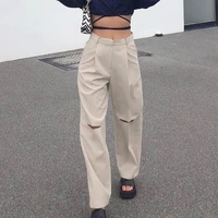 women casual pants straight elastic high waist hole solid beige loose 2022 summer spring lady outfit fashion new female trousers