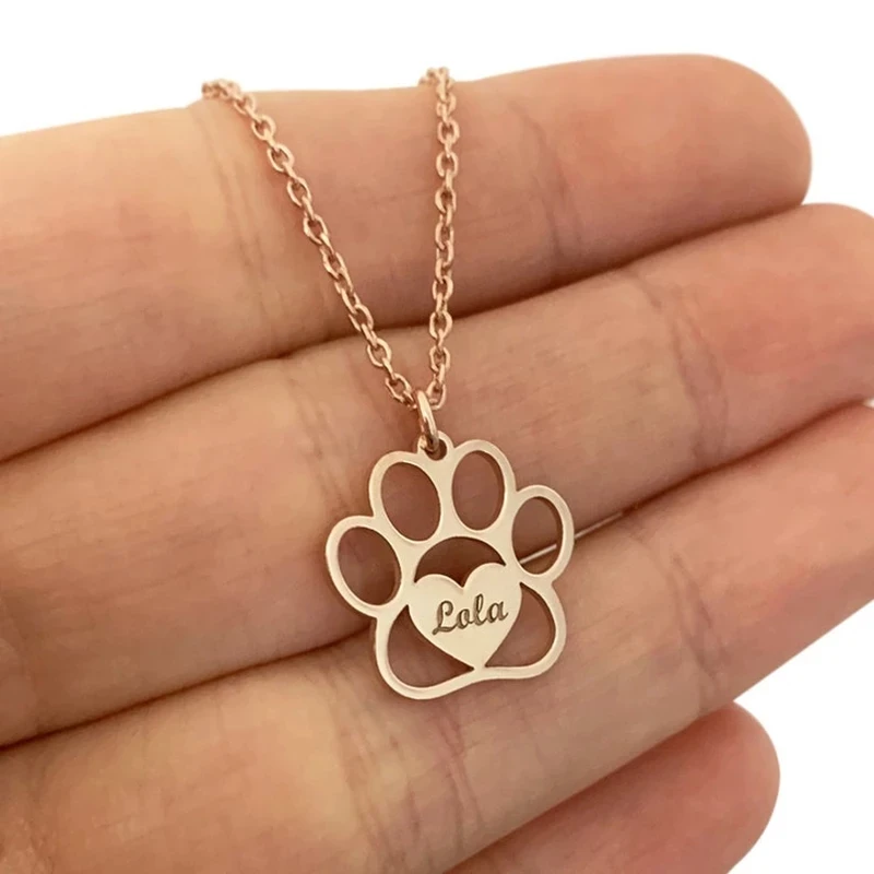 

Cute Cat Paw Heart with Name Necklace Personalized Dog Bear Footprint Engraved Stainless Steel Jewelry For Women Mom Kids Gift