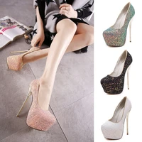 women pumps shoes bling 6cm platform slip on round toe 16cm thin high heels shallow sexy lady club party female shoes plus size