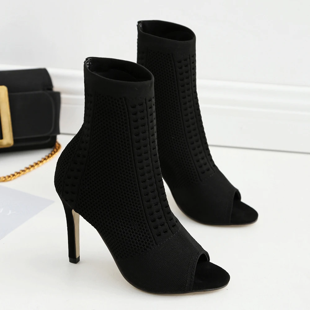 

Peep Toe Ankle Boots For Women Knitting High Heels Female Shoes Woman Breathable Short Boot Casual Ladies Footwear Sock Boots