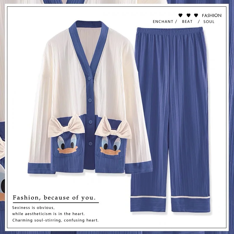 

Fall 2 Piece Set New 100% Pure Cotton Button Cardigan Trousers Cute Cartoon Pattern Pajamas for Women Loose Suit Winter Homewear