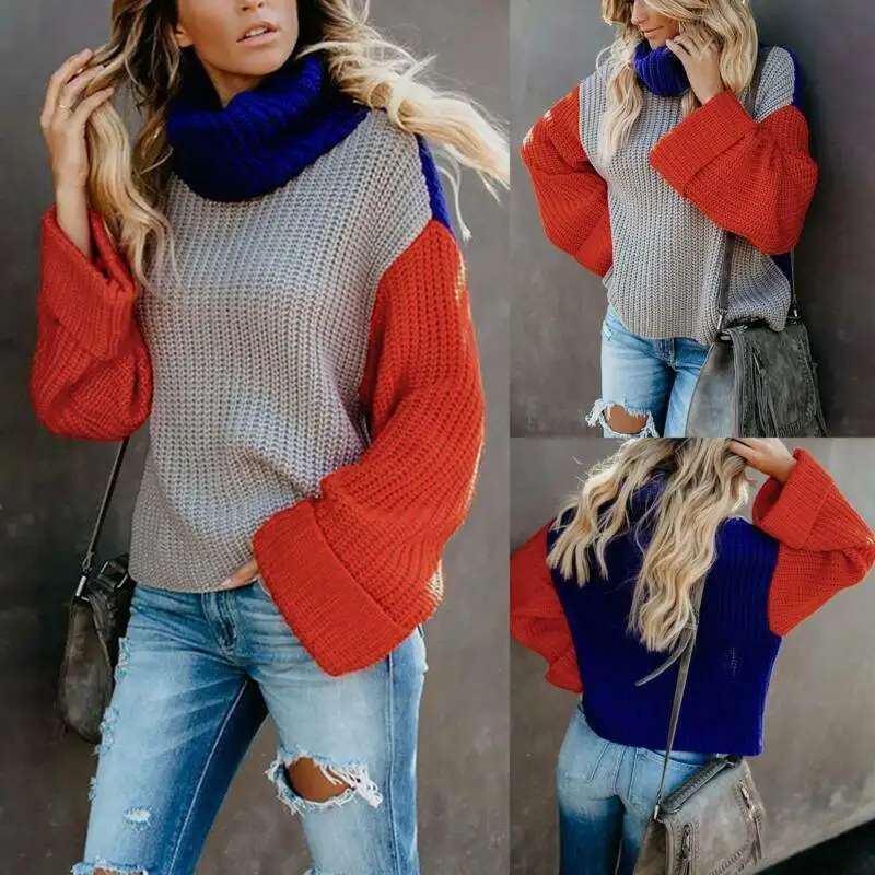 

Women Chunky Knit Sweater High Neck Jumper Winter Warm Colourblock Pullover Tops