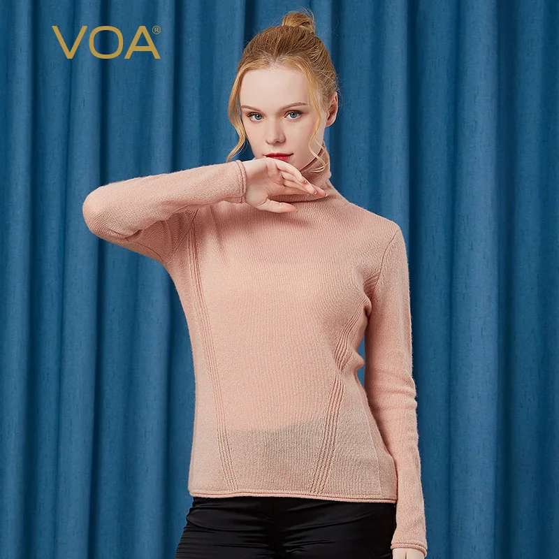 

VOA Cashmere Curled High Neck Long Sleeve Woolen Bright Decorative Diagonal Stripes Warm Skin-Friendly Cashmere Sweater RQ00