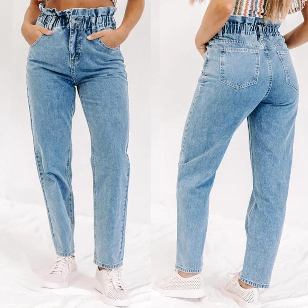 New Autumn Winter Fashion Casual Denim Pants Womens Jeans High Waisted Straight Trouser for Women Blue Ankle-Length D30 | Женская одежда
