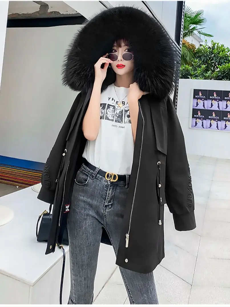 

Raccoon Fur Collar Mid-Length Long Hooded Parka 2021 New Winter Jacket Women Adjustable Rex Rabbit Lining Casual Warm Coat