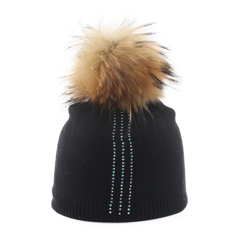 Hats For Girls Boys Lovely Rhinestone Real Fur Pompom Fashion High Quality Brand New Kids Caps Skullies Beanies | Аксессуары для