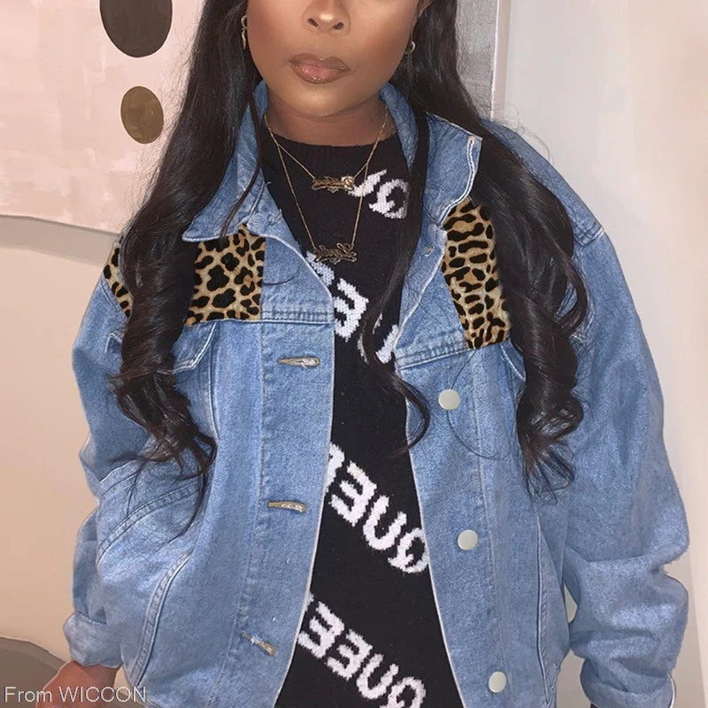 

Ladies Casual Stitching Denim Jeans Shirt Top Women 2021 Summer Leopard Print Long Sleeve Shirt Collar Top Blouse For Female