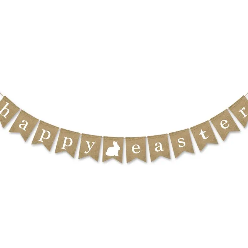 

2 Pcs Happy Easter Burlap Banner Rabbit Print Bunting Pull Flag Party DIY Decor