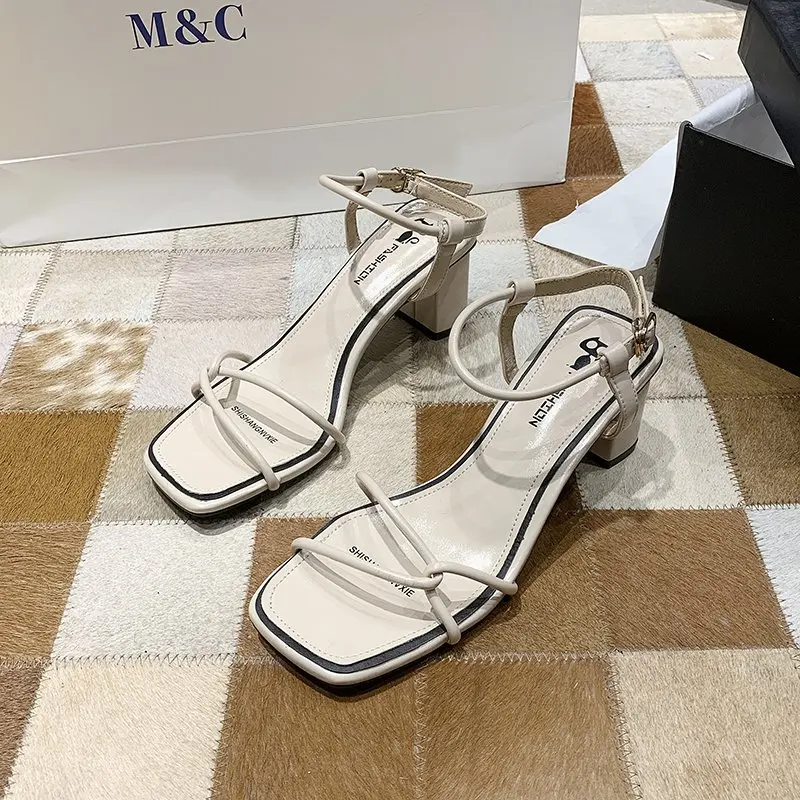 

Fashion Summer Women Sandals Open Toe Buckle Strap Ladies High Heel Sandals Elegant Designer Square Toe Shoes Beige Black
