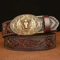 high quality zodiac belt sheep retro automatic buckle mens belt real cowhide personality carved casual jeans belt
