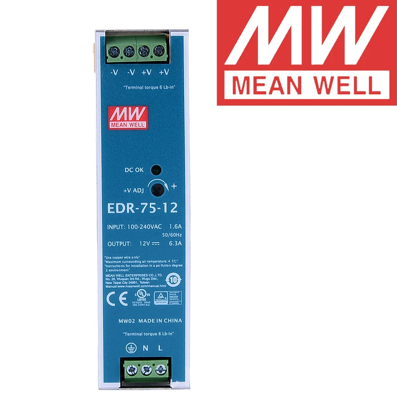 

Mean Well EDR-75-12 meanwell 12V DC 6.3A 75.6W Single Output Industrial DIN RAIL Power Supply