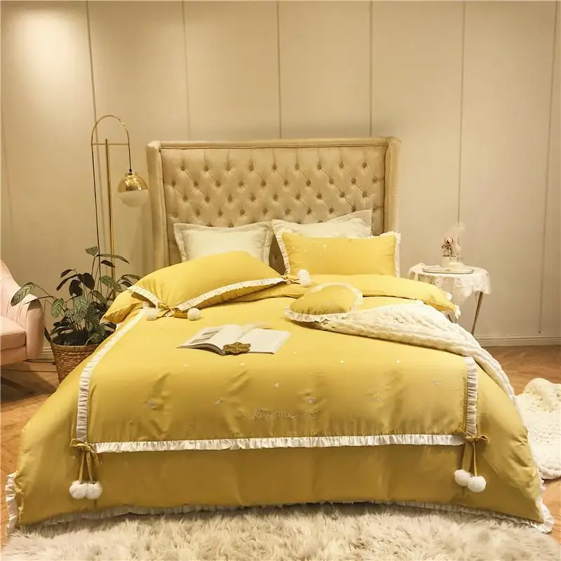 

43 Yellow Red Pink Chic Ruffles Velvet ball Duvet cover Bedding Set for Girls King Queen size Ultra Soft Bed sheet set