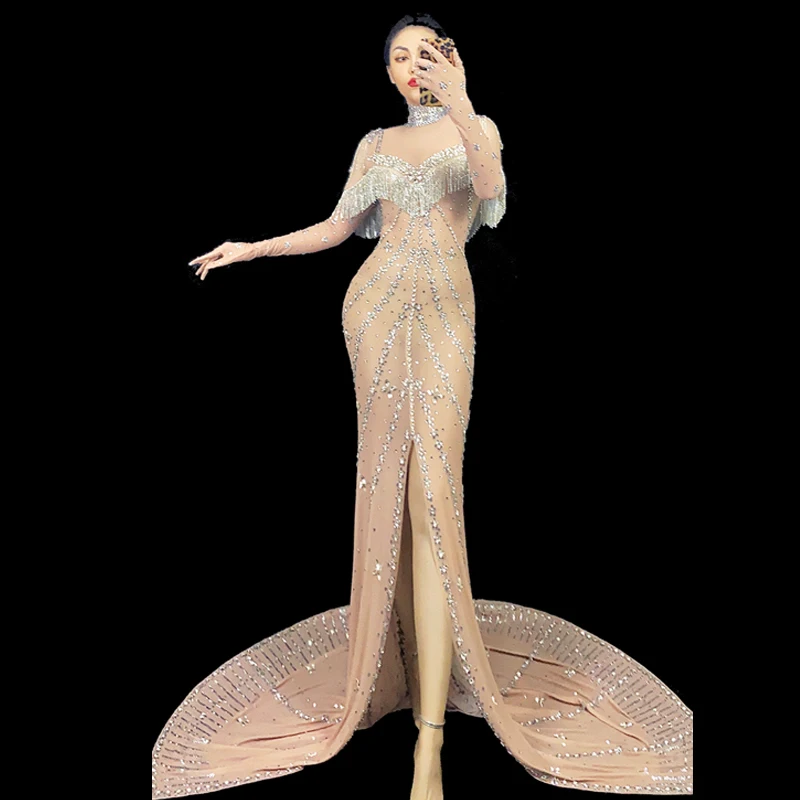 

Shiny Luxurious Silver Crystals Evening Long Train Floor Length Dresses Birthday Wear Mesh Dance Performance Chains Costume