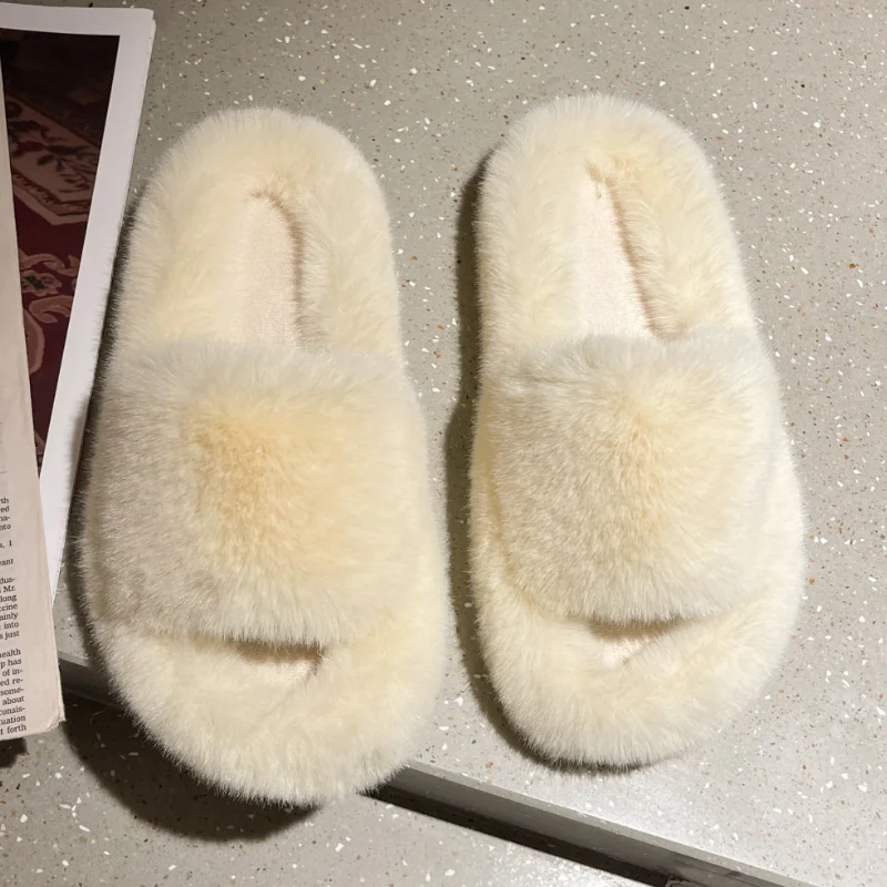 

Winter Women House Furry Slippers Fashion Faux Fur Warm Shoes Women Slip on Flats Female Home Slides Black Plush Outdoor Shoes