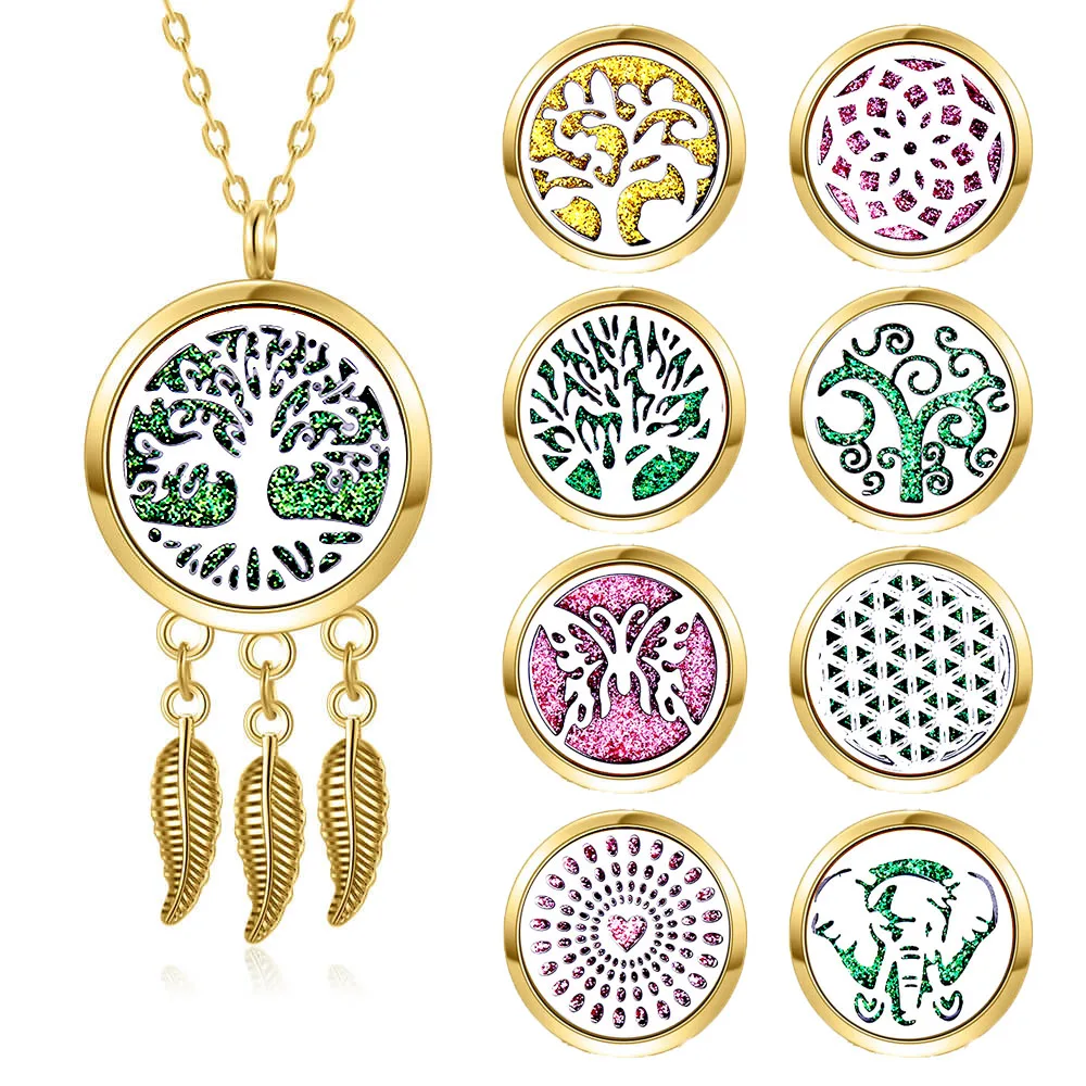 

New Dropshipping Four Colors Aroma Diffuser Necklace Multiple Styles Tree of life Perfume Essential Oil Diffuser Locket Pendant