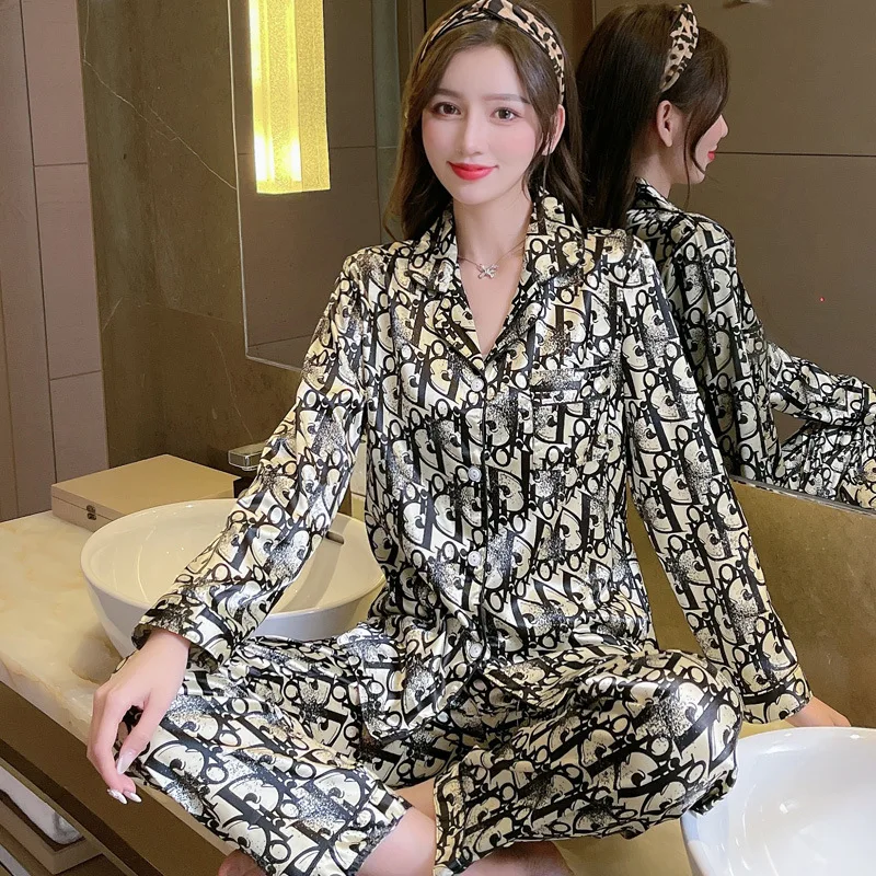 

Women's two-piece silk pajamas, long sleeve pants, spring and summer clothes