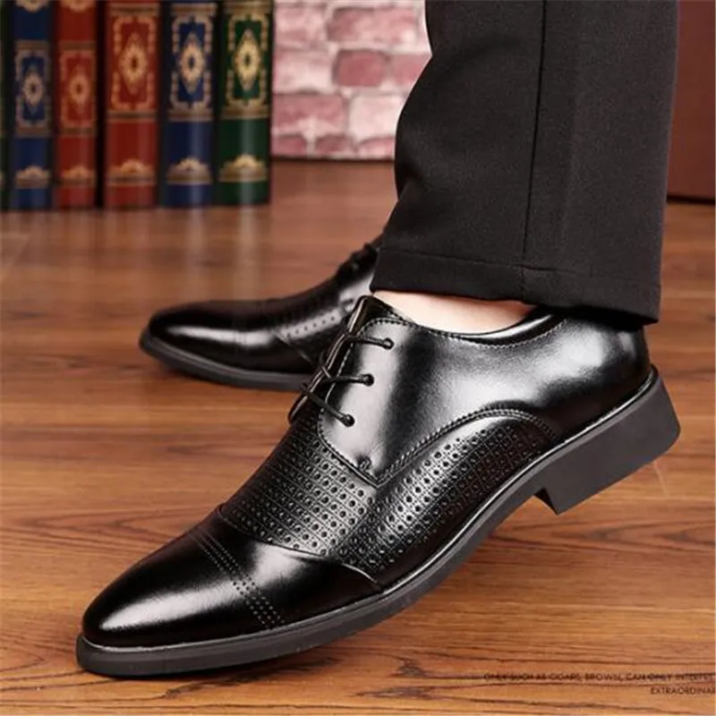 

Size 38-47 Luxury Brand Fashion Men Leather Business Dress Loafers Breathable Hollow out Pointed Toe Oxford Formal Wedding Shoes