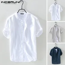 INCERUN Men Shirt Cotton Stand Collar Short Sleeve Solid Blouse Streetwear Casual Breathable Men Brand Shirts Camisa Harajuku