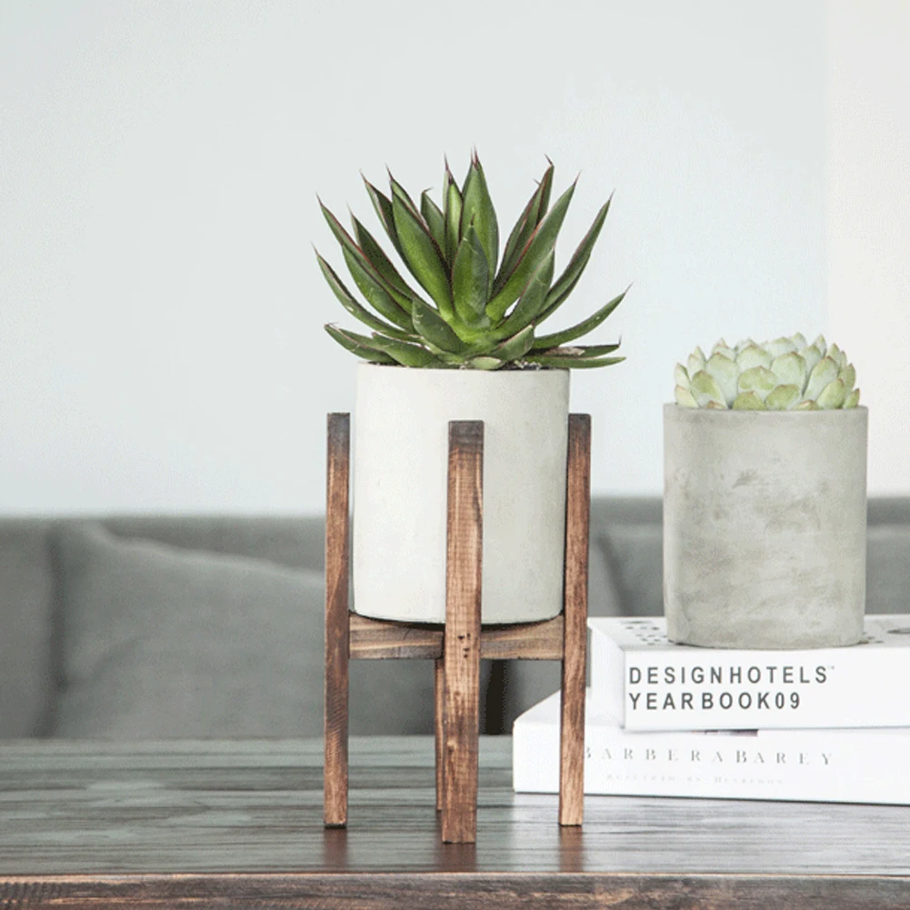

Succulent Plant Pot Flower Pot Cactus Bonsai Container Cylinder Shape Cement With Wood Stand For Home Office Garden Decoration