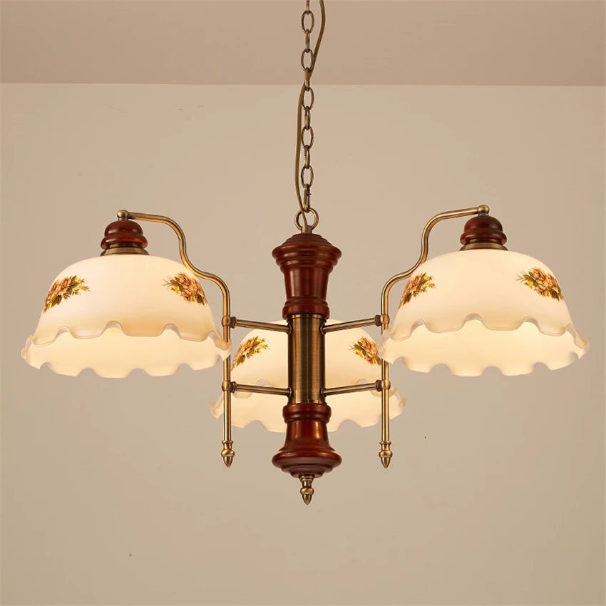 

New Chinese retro lotus glass chandeliers lights pastoral country vintage literary artistic wood luxury hanging lamps fixtures