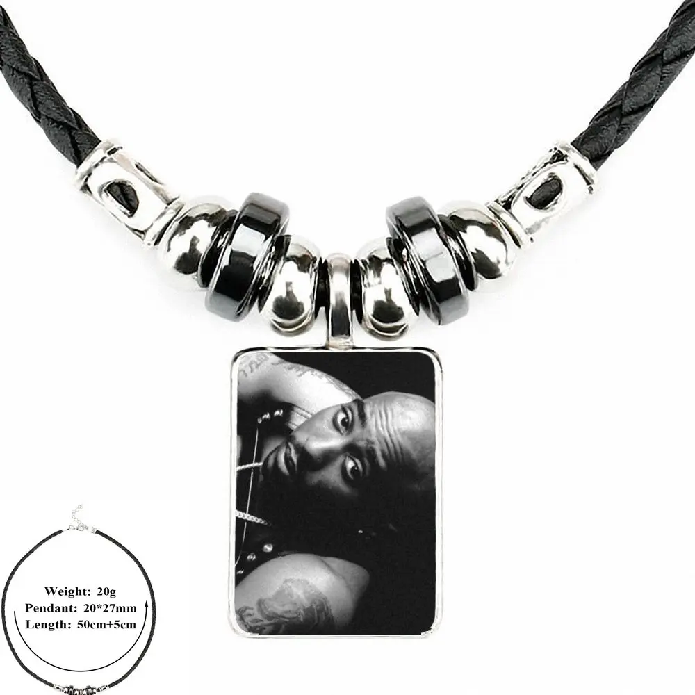 For Kids Beads Rap Singer 2pac Tupac Amaru Shakur Caes Ladies Black Leather Bead Pendant Glass Statement Handmade Maxi Necklace |