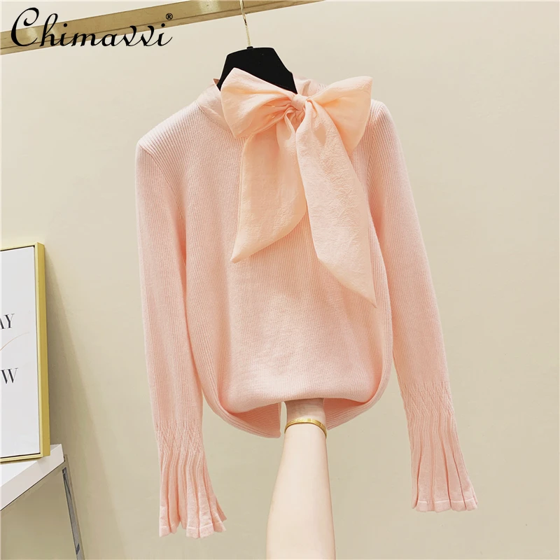 

Женский облегающий вязаный пуловер со шнуровкой и бантом, новинка зимы 2021, корейская мода, темпераментный волшебный свитер с длинными рукав...