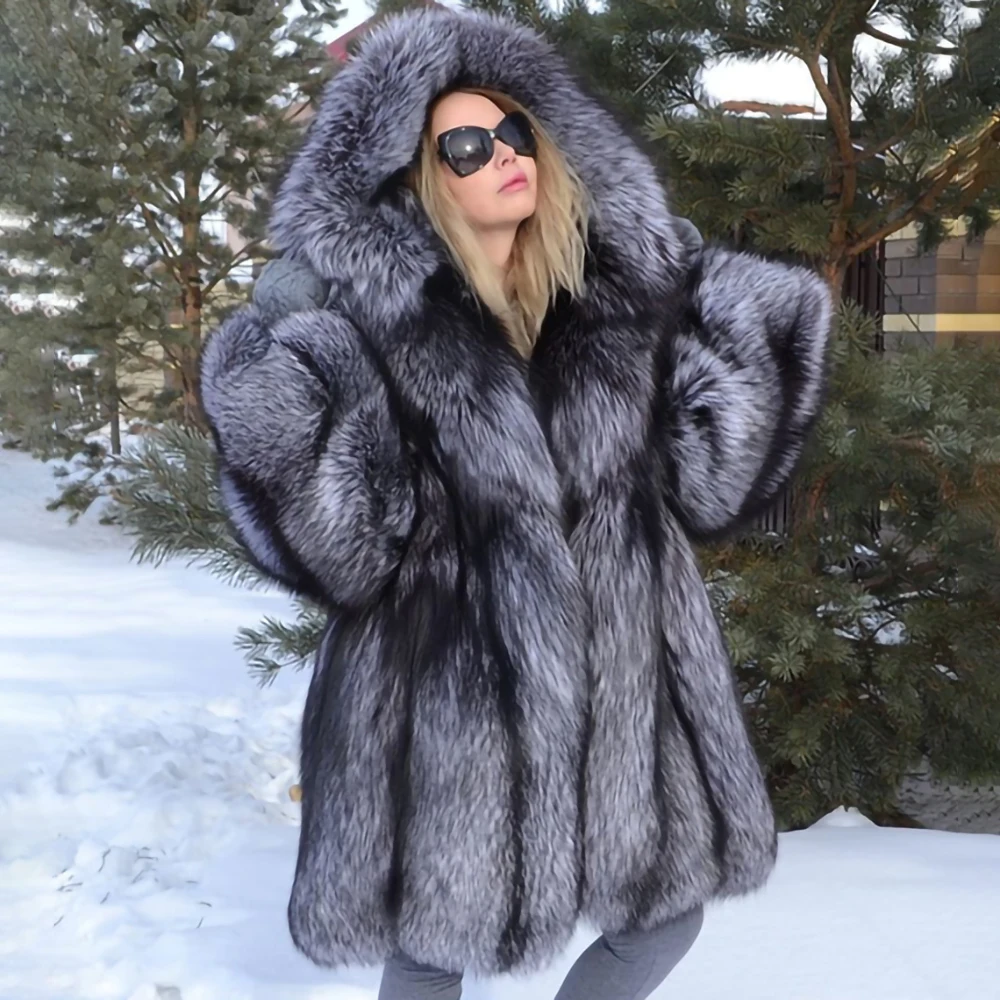 Luxury Real Fur Coat For Women Natural Russian Silver Fox Fur Winter Jacket With Hood Thick Warm Real Fur Jacket Outerwear Plus
