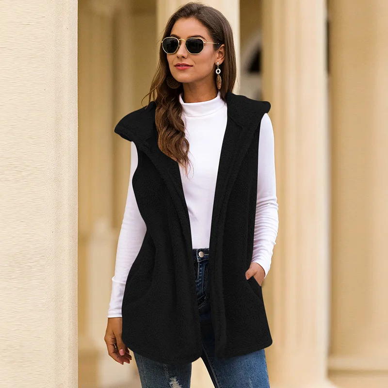 

Autumn Winter Warm Hooded Sleeveless Vest Women Long Vest Female Waistcoat Sleeveless Jacket Women Fleece Coats