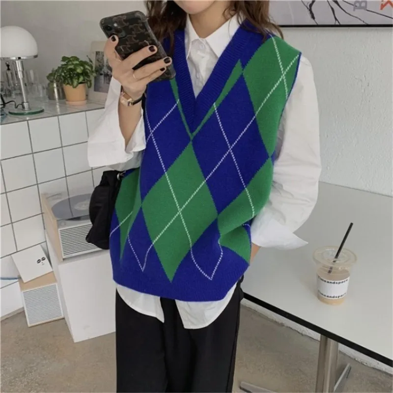 

Chic Plaid Sweater Vest Women Autumn V Neck Knitted Vest New Korean Loose Sleeveless Sweater