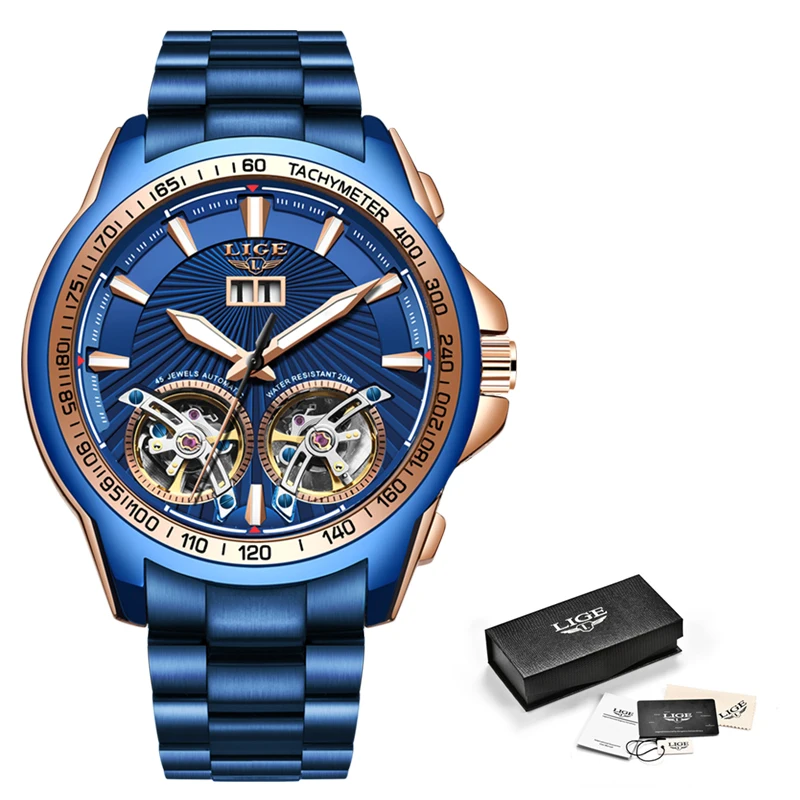 Автоматические Мужские часы LIGE новые спортивные мужские Модные с двойным