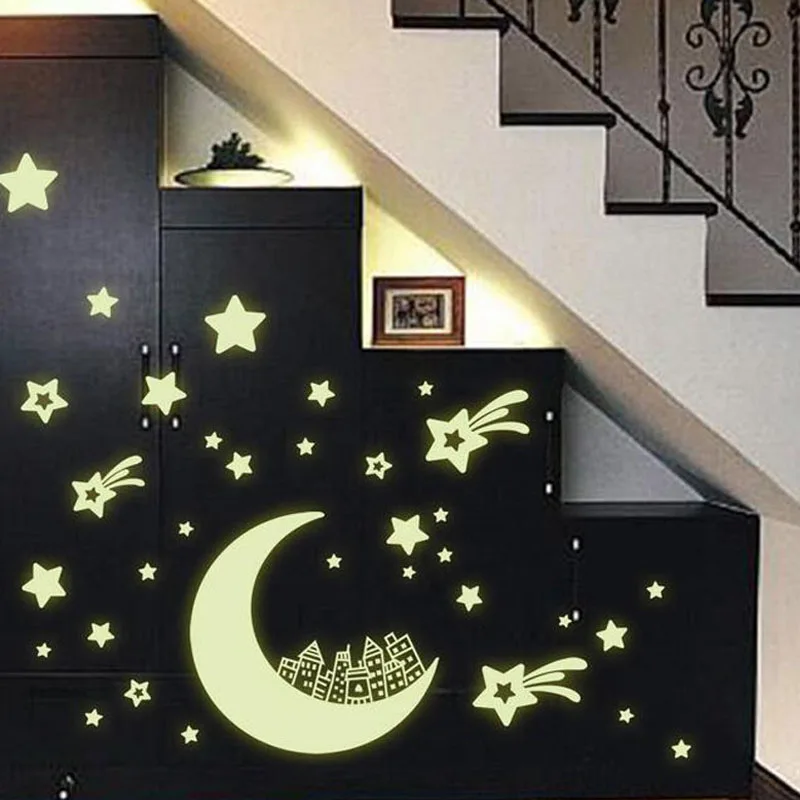 Noctilucent Wallpaper Fluorescent Wall Stick Removable Moon Castle Star Smiley Face Glow in Dark Background Wedding | Дом и сад
