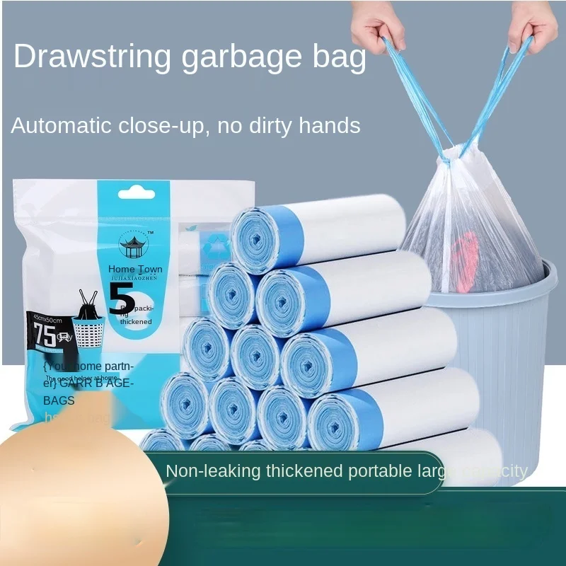 

New drawstring garbage bag 1 bag 5 rolls automatic closing household large portable thickened kitchen garbage bin plastic bag