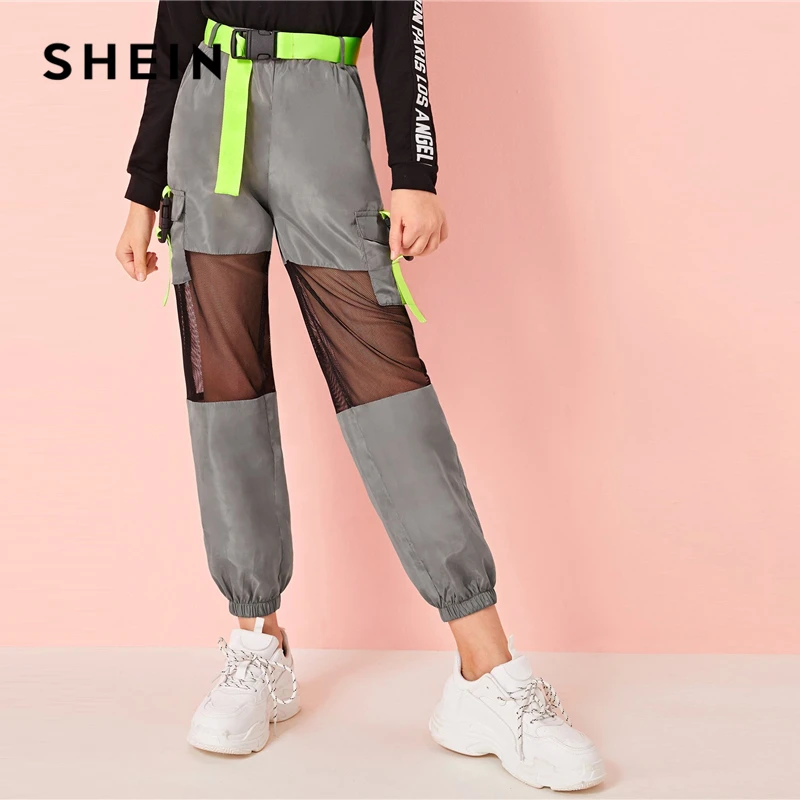 SHEIN/Детские неоновые брюки-карго с пряжкой и сетчатой вставкой, с поясом, для девочек; коллекция года; сезон осень; серые брюки с эластичным поясом и карманами по бокам