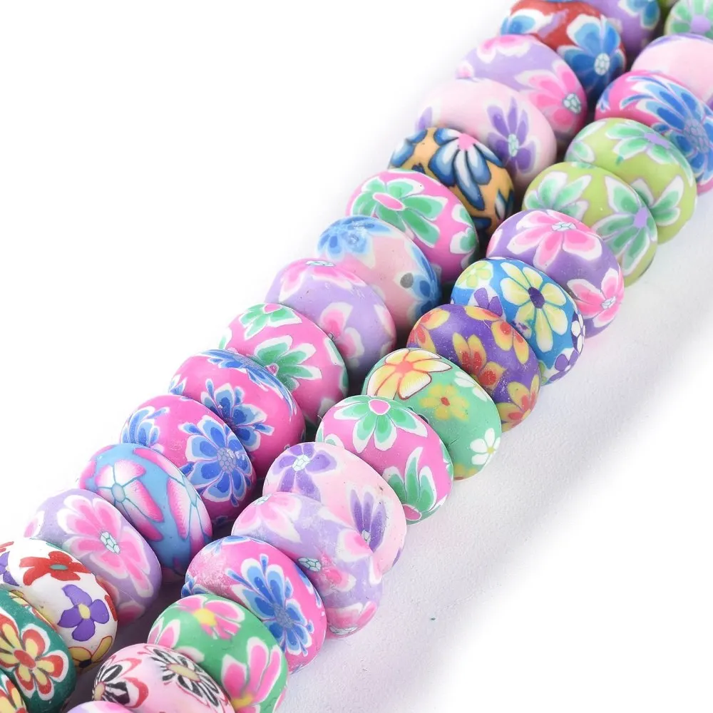 

about 56pc/strand Flower Printed Polymer Clay Beads Strands Rondelle for Jewelry Making Necklace 11~12.7mm Bead Hole 1.4mm