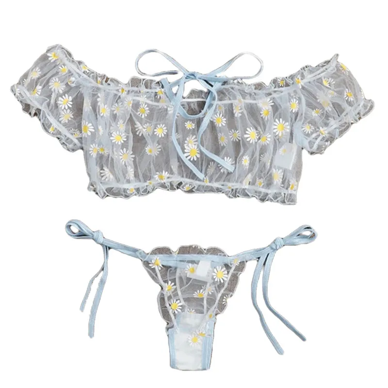 

2Pcs Daisy Print Bikinis Women Sweet Casual Short Sleeve Suits Swimsuits Beachwear Bathing Suits