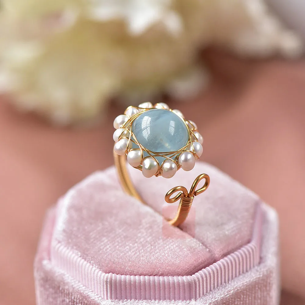 Natural Large Aquamarine Freshwater Pearl Lace 14K Gold Filled Hand-wound Palace Vintage Ring Elegant Luxury Healing Jewelry