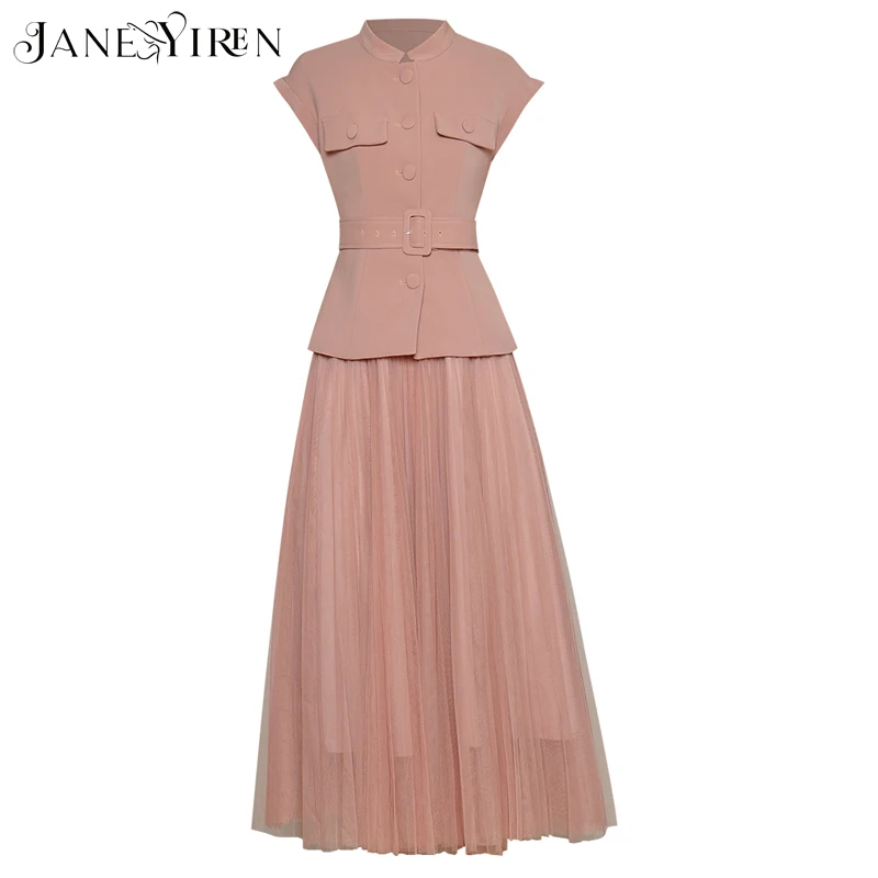 

Женский Дизайнерский Костюм JaneyirenFashion, летний однобортный Тонкий Топ с воротником-стойкой и эластичная сетчатая юбка А-силуэта, комплект из ...