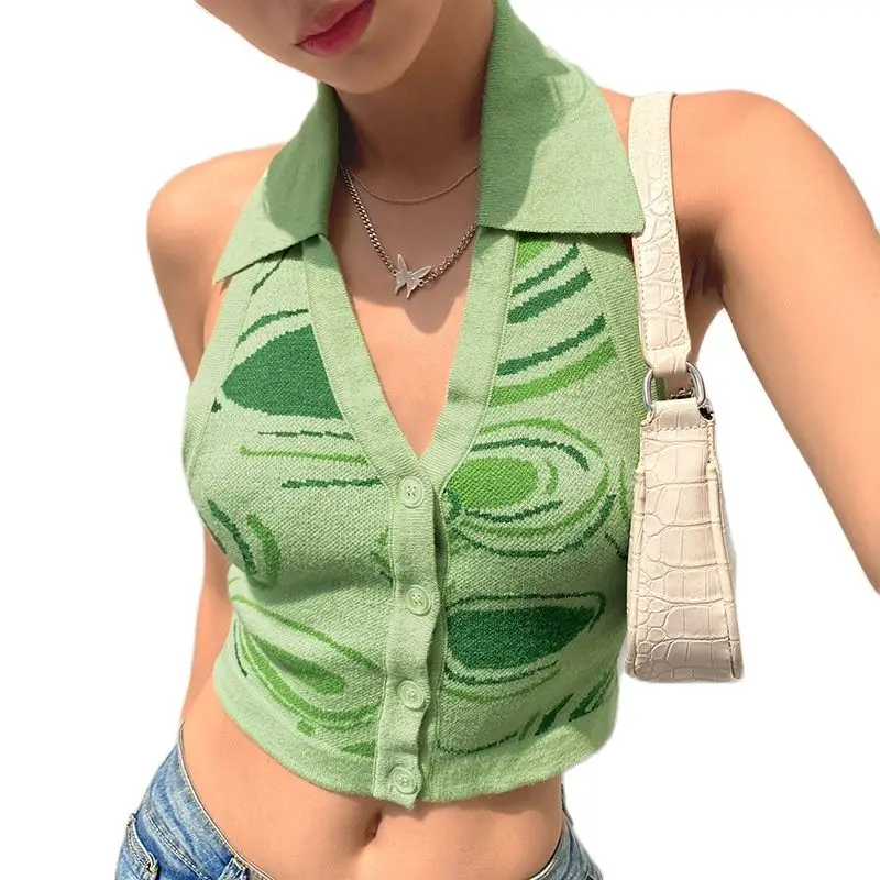 

Streetwear Fashion Halter Sleeveless Knitted Top Women Print V Neck Vest Ladies Button Knitwear Y2K Slim Tank Top
