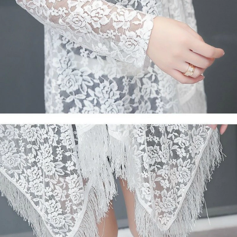 

Women Tassel Shirt Top Ladies White V-neck Lace Blouse Kimono 2021 Fashion Spring Summer Cardigan Cover Up Outwear Plus Size