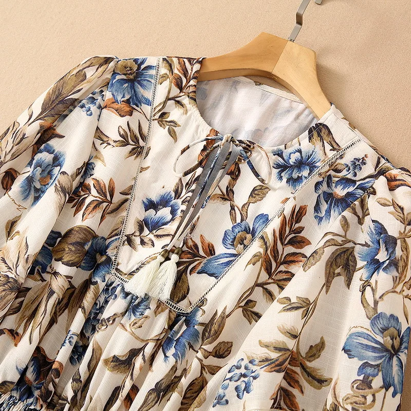 

European and American women's wear for summer 2021 Five-quarter sleeve lantern sleeve Fashionable print dress with fringes