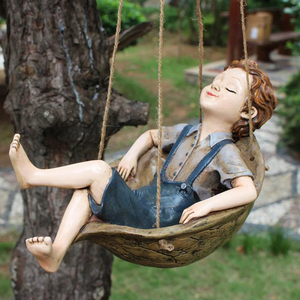 

Garden Boy On Swing Resin Statue Decor Hanging Sculpture Ornaments For Outdoor Lawn Yard Balcony Decorations Terrace Sculptures