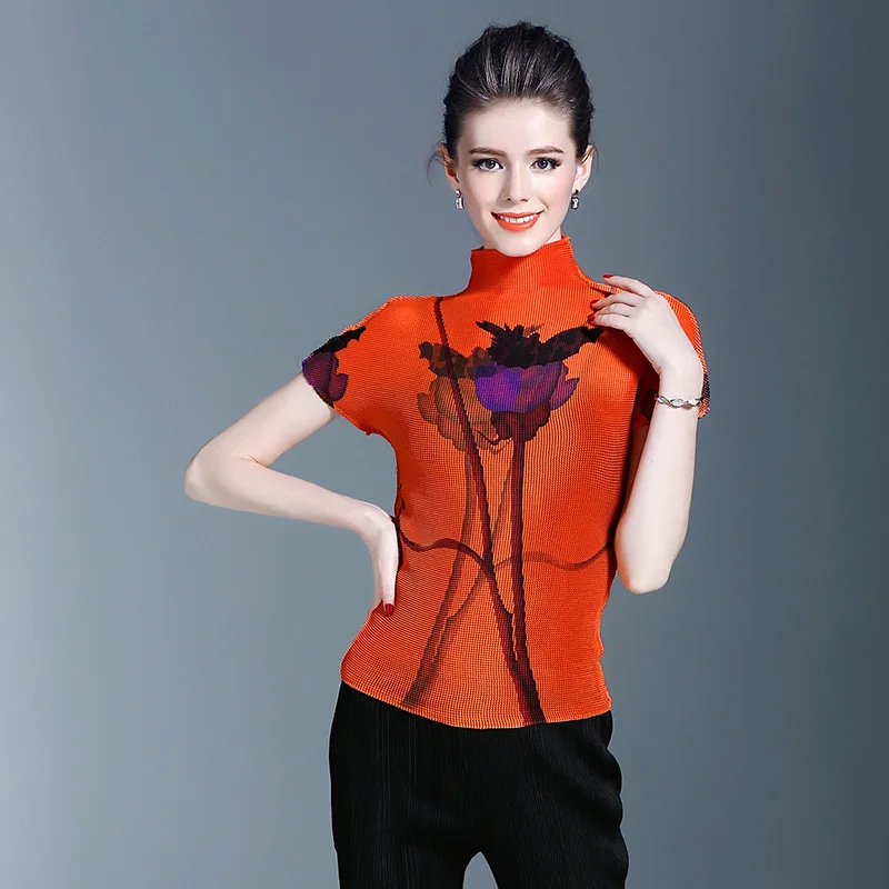 

TVVOVVIN Summer Elastic Slim Half High Collar Printed T-shirt Women's Short Sleeve Pleated Casual Pullover Tops 6PWE